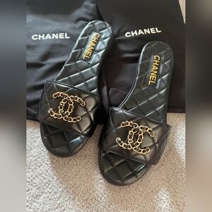 CHANEL Black Chain Gold CC Logo Mules Slide Sandals
